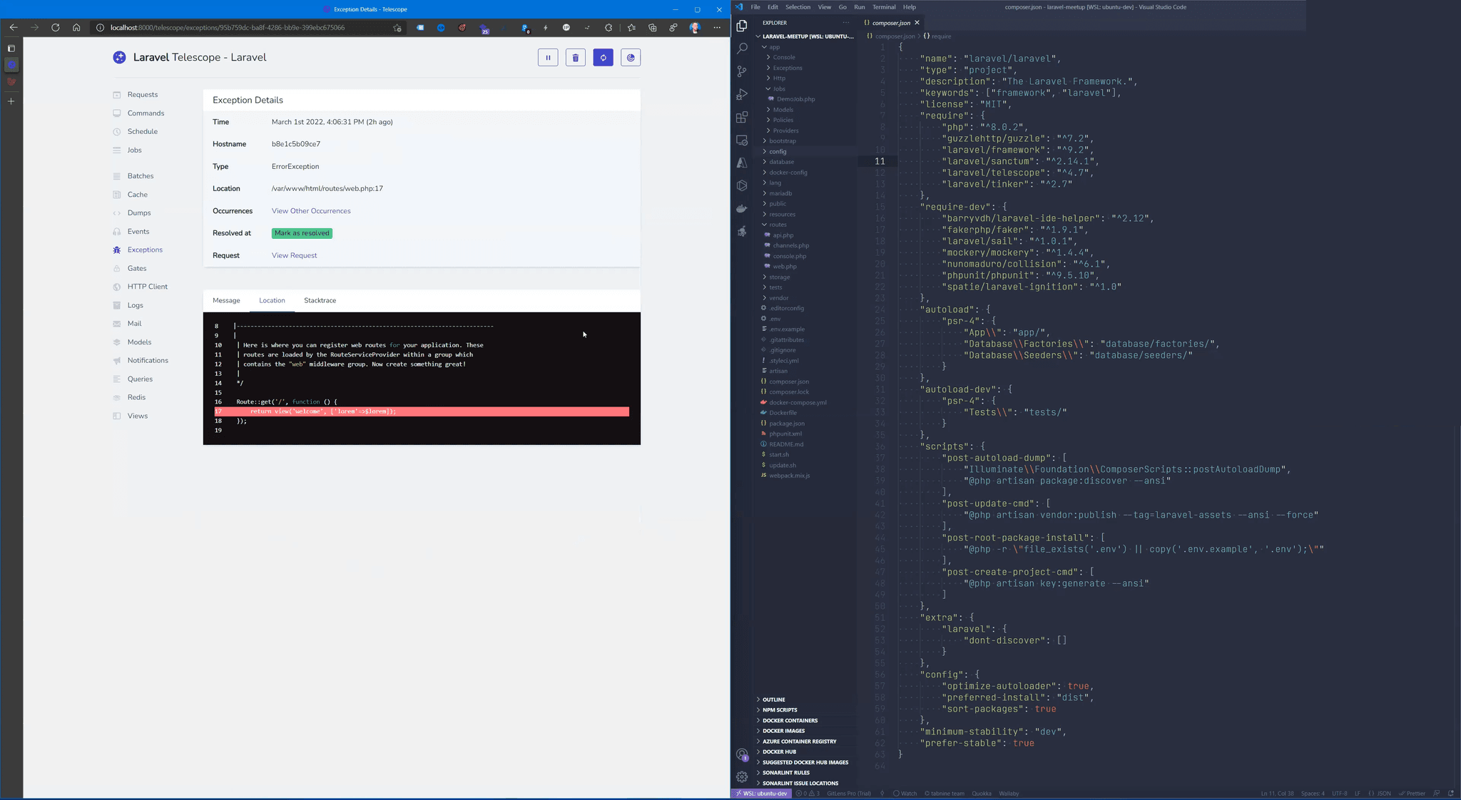 Exceptions with source code and ticket status